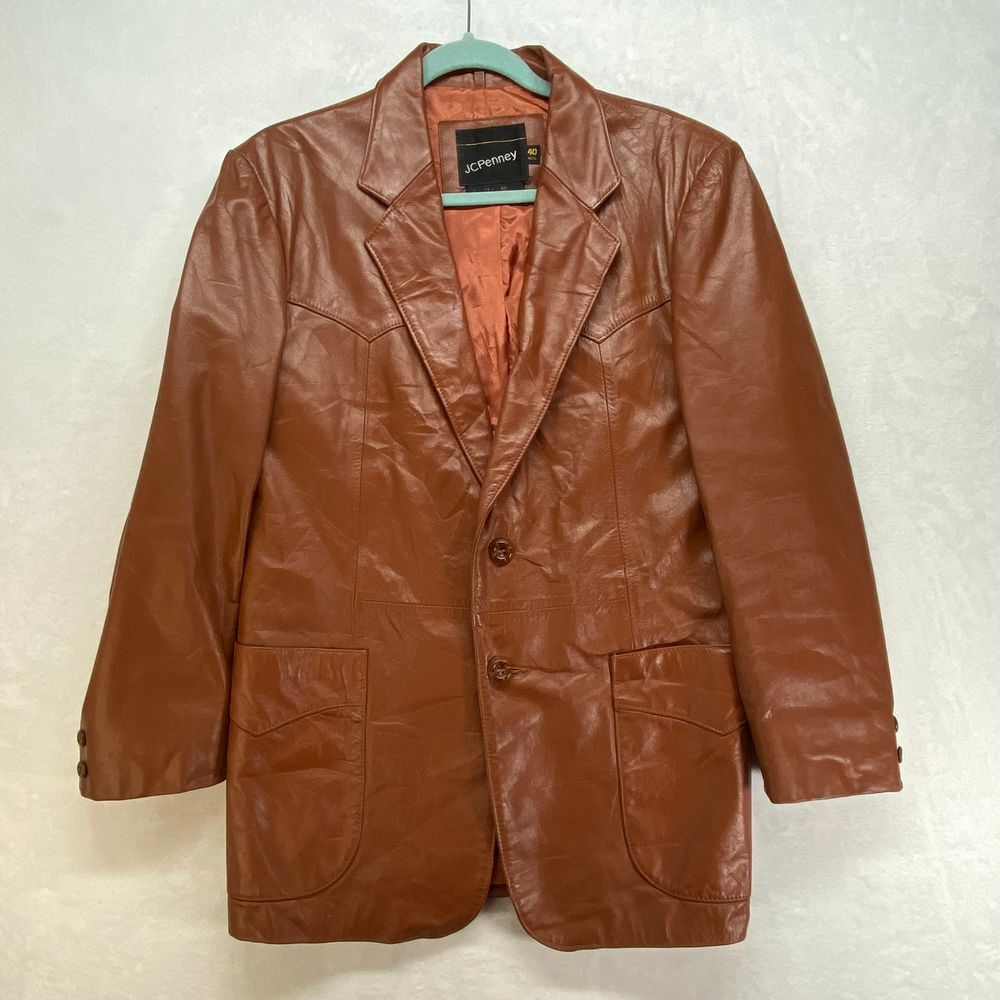 JCPenney Blazer Jacket Mens Size 40 Vintage Brown Leather Classic Retro Style